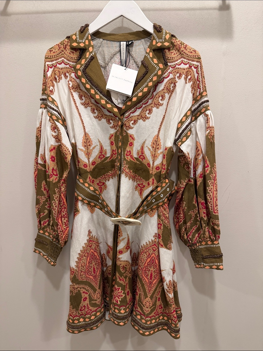 Bohemian Printed Tie-Waist Jacket Coat in Olive & Cream